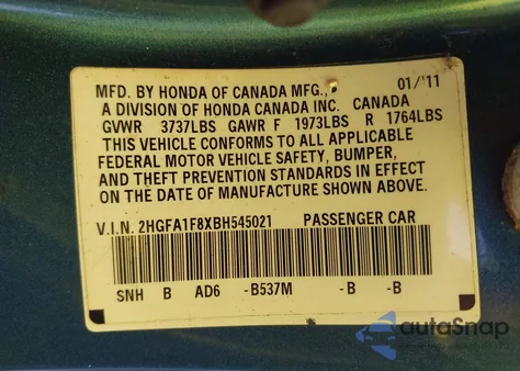 2011 Honda Civic Ex из США, поврежденный, VIN 2HGFA1F8XBH545021